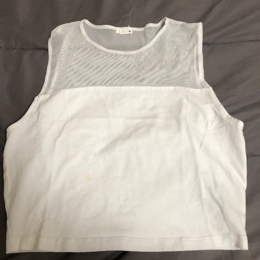 White crop top with mesh shoulders